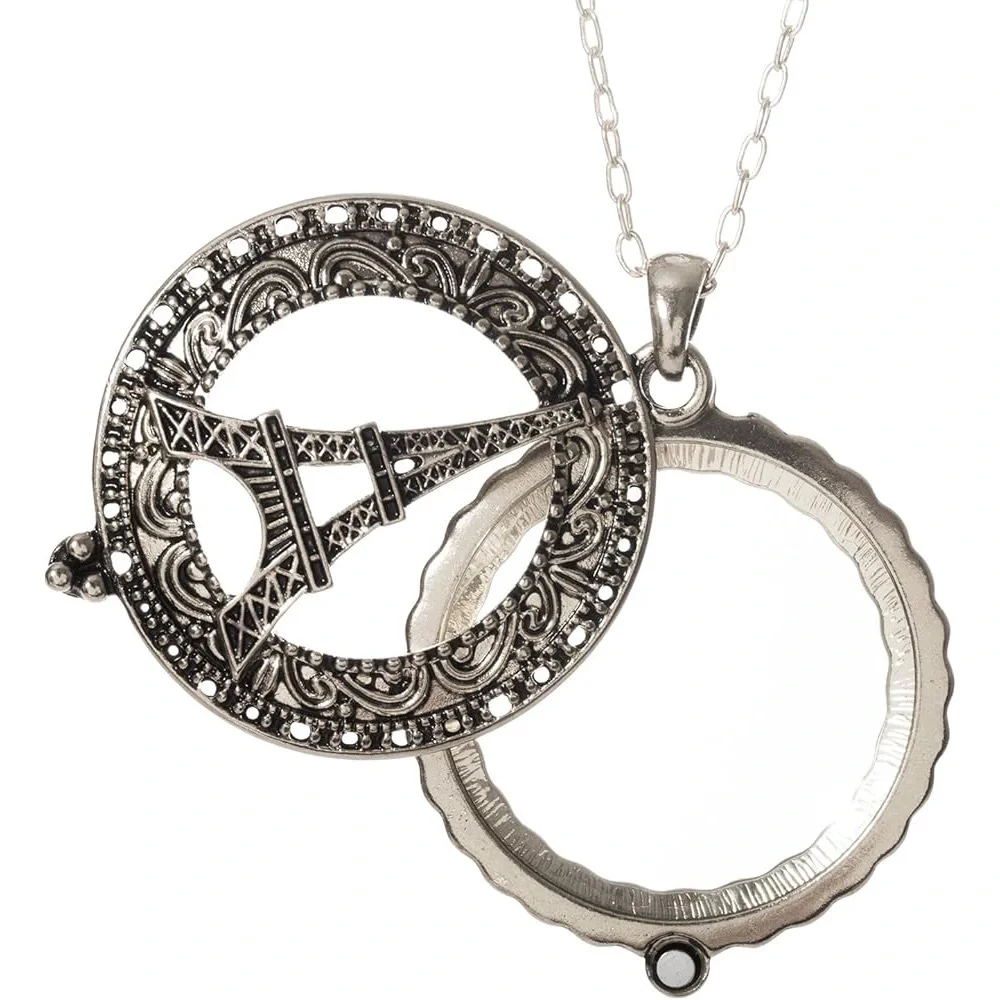 Silver Eiffel Tower Paris 4x Magnifying Glass Sliding Top Pendant Necklace NEW